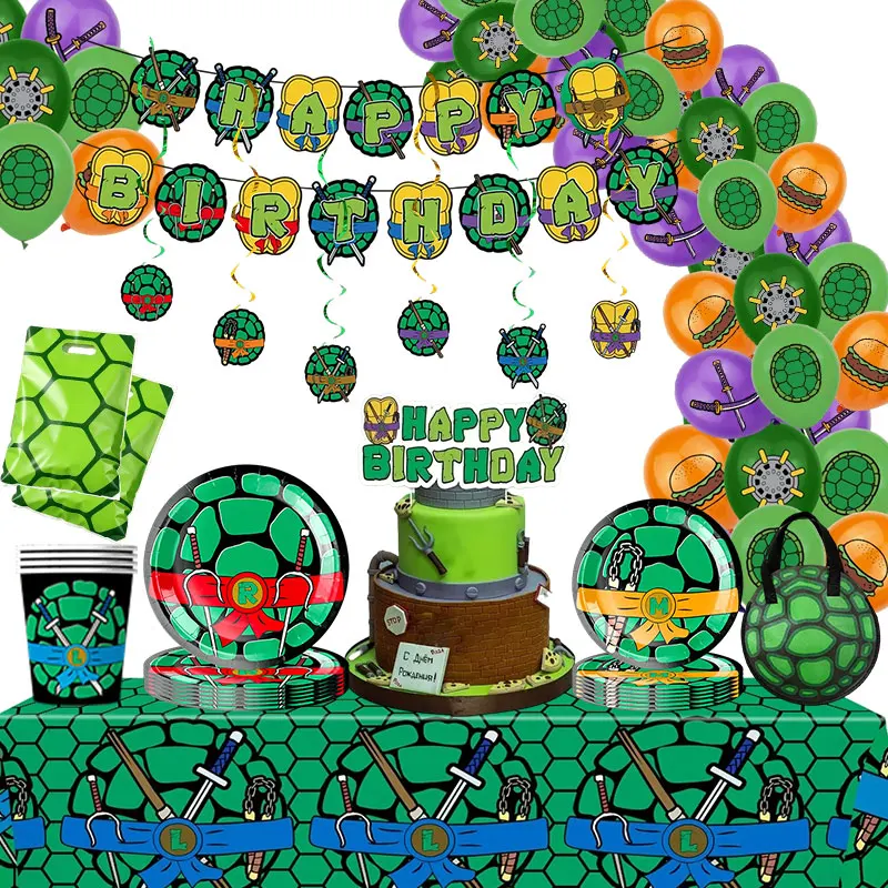 Cartoon Geburtstagsparty Dekorationen Tischgeschirr-Set Teller Ballons Kuchendekoration Foto-Banner Hintergrund-Requisiten Geburtstagsparty-Zubehör Image