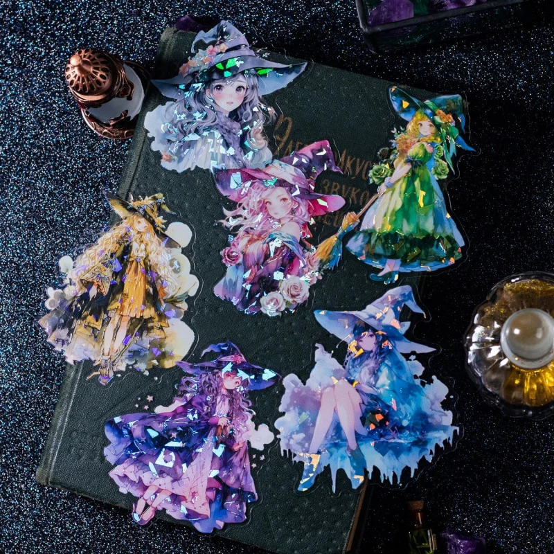 5 Stück/Packung Glänzende Laser-Hexen-Aufkleber Holographische Magische Hexen DIY Handgemachtes Album Scrapbooking Dekorative Papierbedarf Image