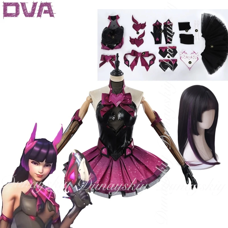 OW Beobachten Sie Ihr Gesäßspiel D.VA Cosplay mit der schwarz-lila Farbverlaufsperücke Magisches Mädchen Rosa Lila Kleid Cosplay Natura', Tam Suit Image