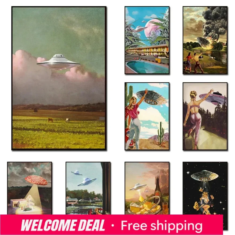 2026 Vintage Wanddekoration UFO Diamant-Poster und Drucke, Fliegende Untertasse Kunstgemälde, Alien Retro Wandbilder für Wohnzimmer C Image