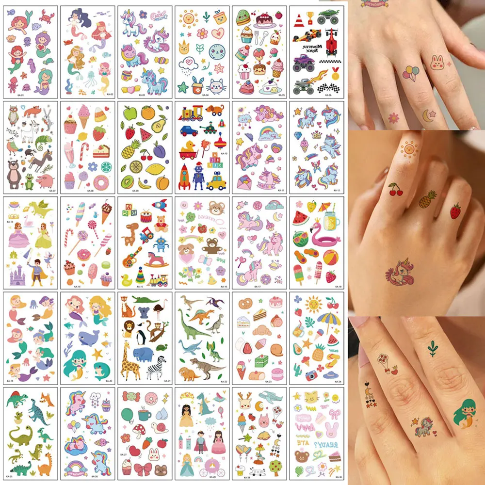 30 Stück Temporäre Wasserfeste Tattoo-Aufkleber Einhorn Meerjungfrau Auto Obst Cartoon Tattoo-Sticker für Hand Körper Fake Tattoo Image