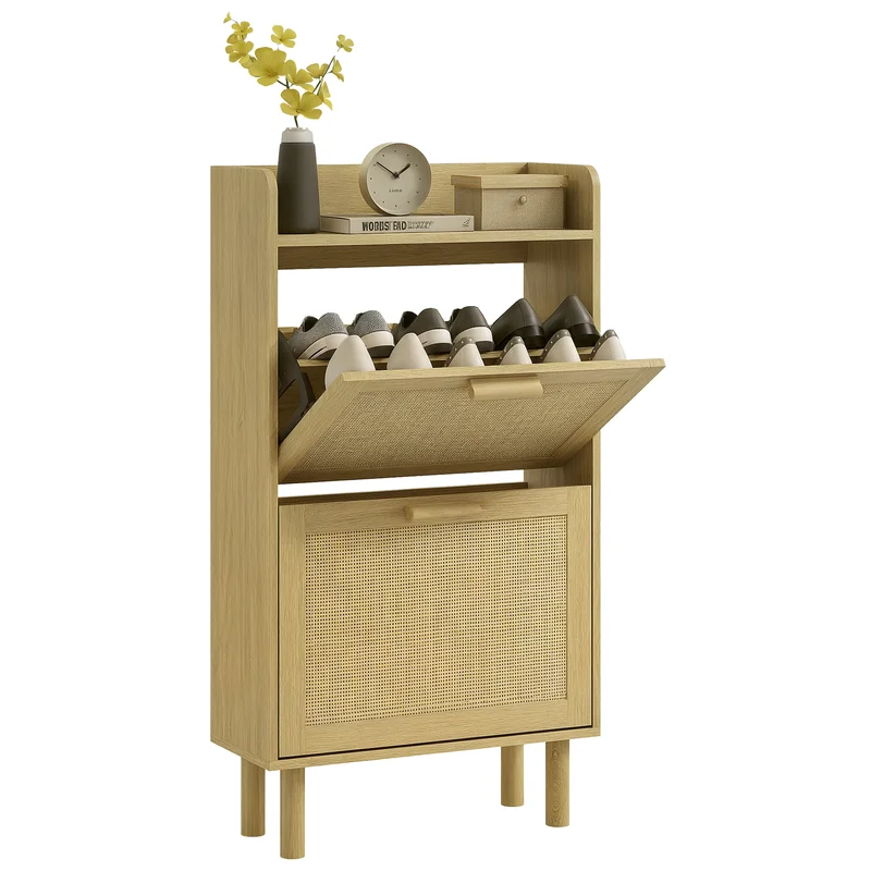 Schuhschrank mit 2 Klapptüren, Regal mit Rattan-Optik, Boho-Design - dim. 80L x 24,5l x 110H cm Image