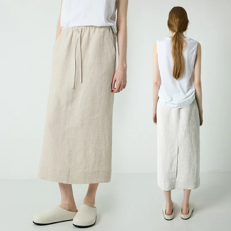 100% leinen Gerade Röcke Lose Frauen Sommer Hohe Elastische Taille Einfache Casual Split Halb Lose Mode Streetwear Weiß Rock Image
