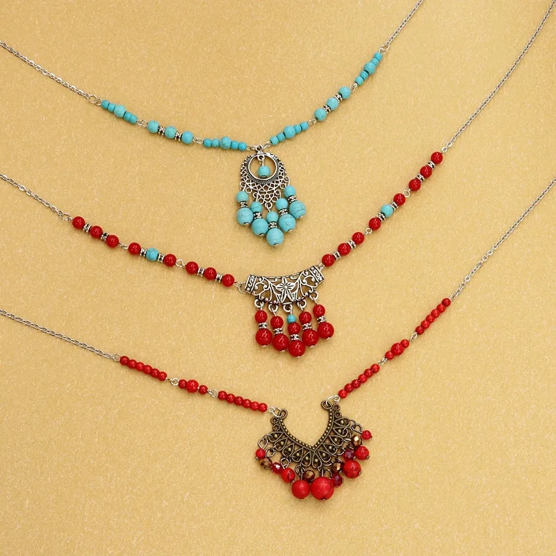 Vintage-Schmuck Ethnische Silber Farbe Halsketten Frauen Gypsy Rot/Grün Türkisen Verkrustete Quaste Halsketten Legierung Blume Tibetischen Schmuck