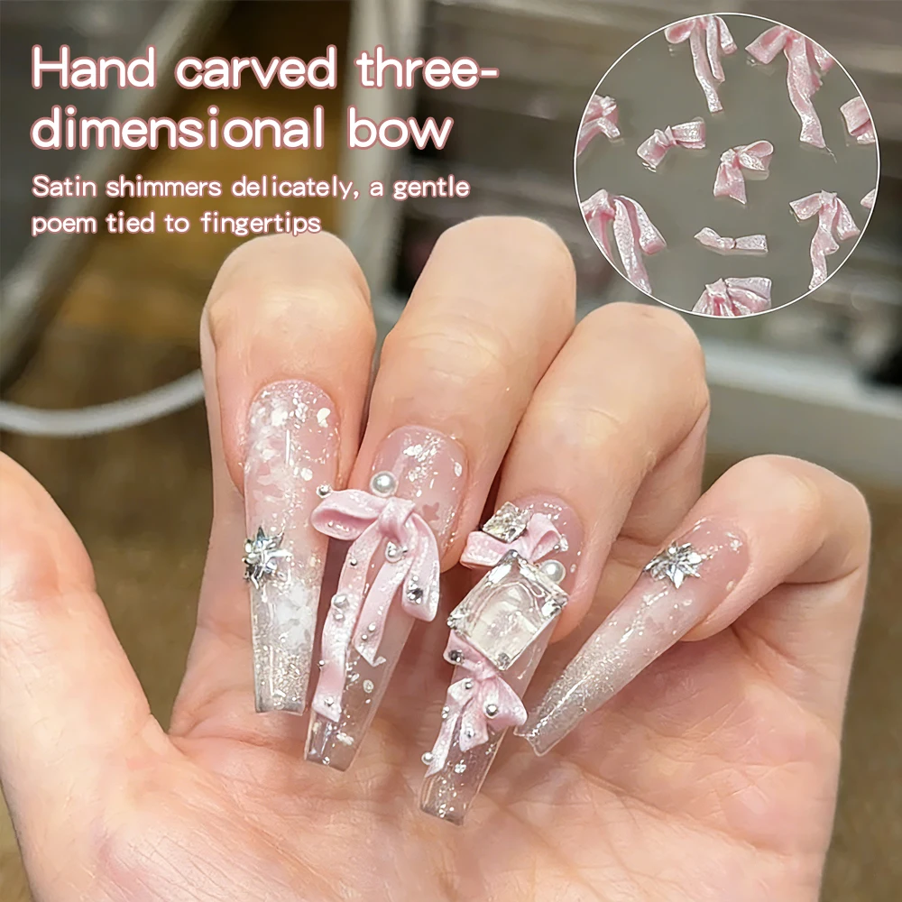 KANIU 20-150 Stück Perlmuttfarbene Weiche Schleifenbänder in Rosa und Weiß, Harz-Schleifenanhänger, Elegante Nagelkunst-Dekoration