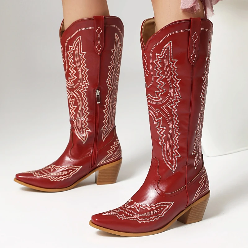 Cowboy-Westernstiefel für Damen, luxuriös, silberfarben, grün, Damen-Stickerei, kniehohe Stiefel, spitze Zehen, rosa Party, lange Schuhe, große Größe