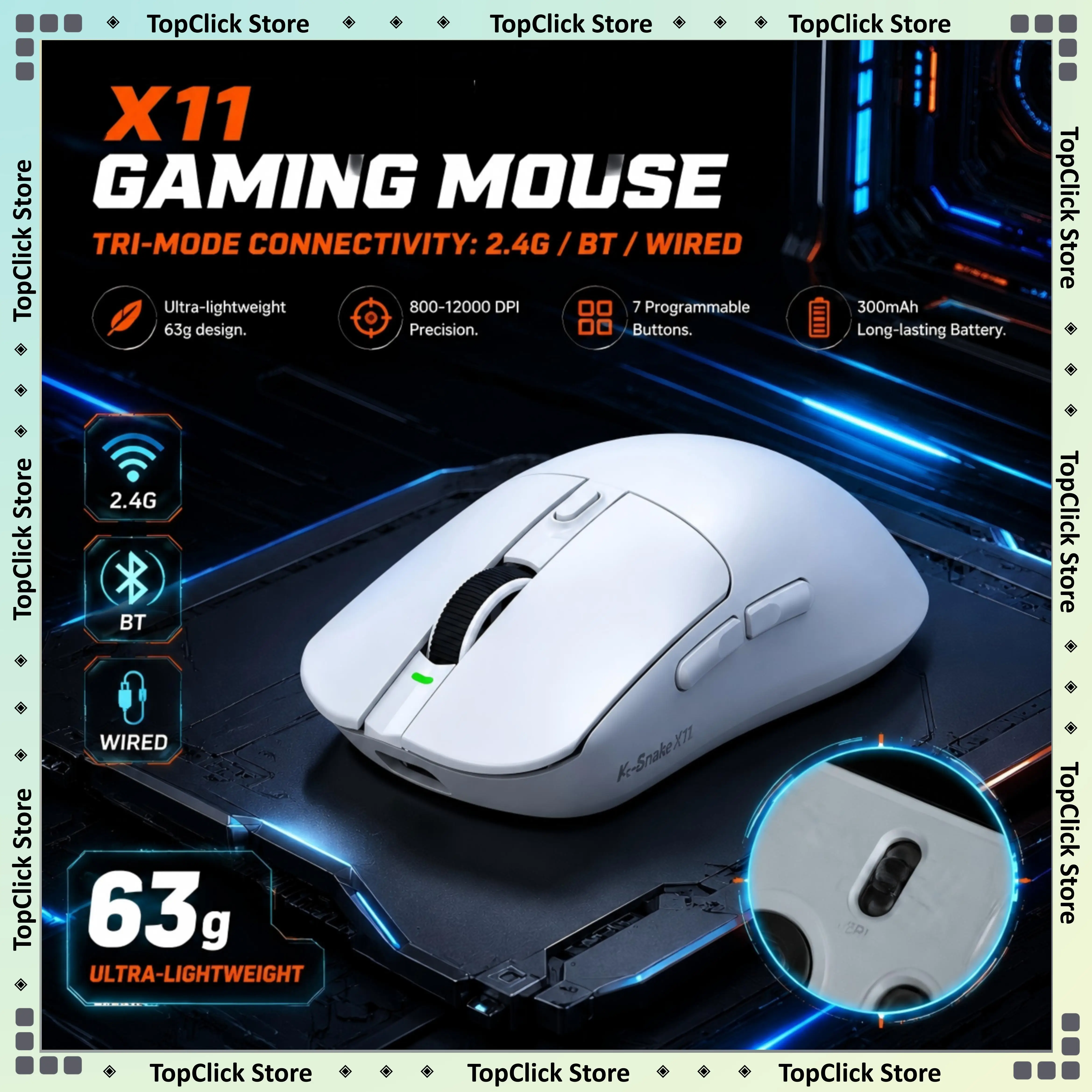 X11 Kabellose Gaming-Maus mit 7 Tasten, Einstellbarer 12000 DPI, 2,4G Bluetooth Kabelgebunden, Drei Modi, Tragbare Büro- und Gaming-Maus Image