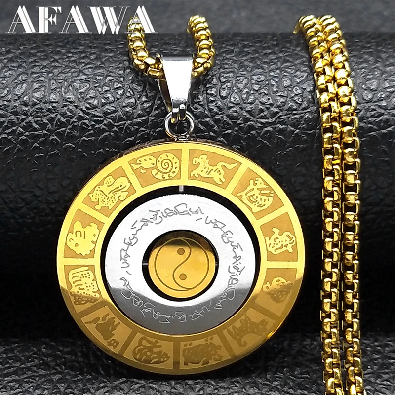 Rotierende chinesische 12-Sternzeichen-Neun-Paläste-Bagua-Halskette für Männer und Frauen, Edelstahl, Taoismus-Symbol, Amulett-Kette, Schmuck NZZZ174S02