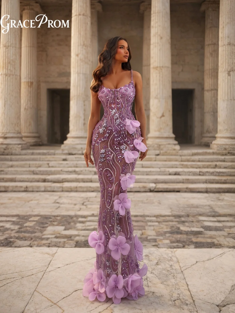 Elegant Straight Neckline Evening Gown 2026 Purple 3D Flower Beaded Straps Party Dress Formal Gown For Wedding Guest فساتين سهرة