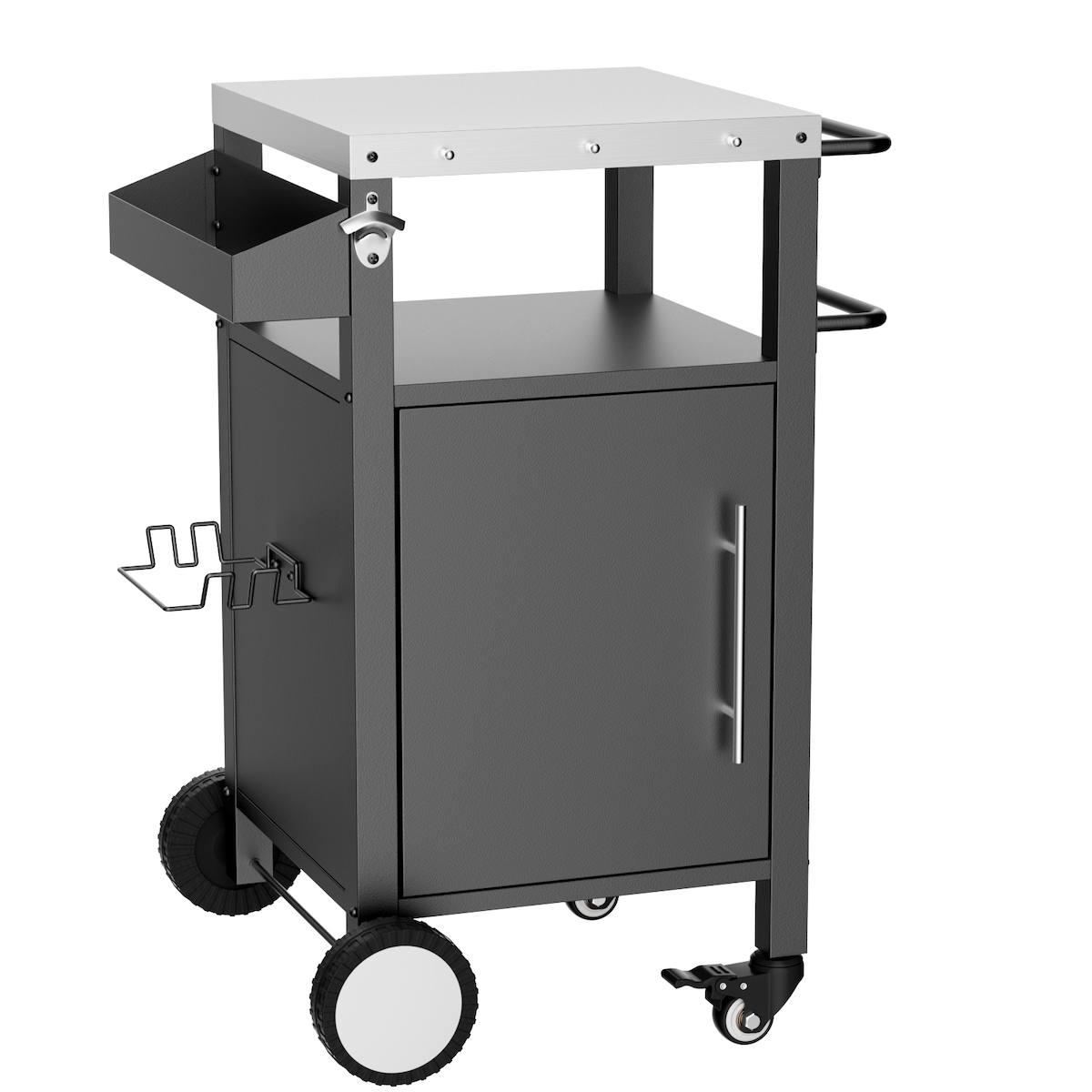 MODFU Grillwagen Metall Schwarz mit Edelstahl-Arbeitsplatte, Rollen, Unterschrank, Haken und Gewürzregal Image
