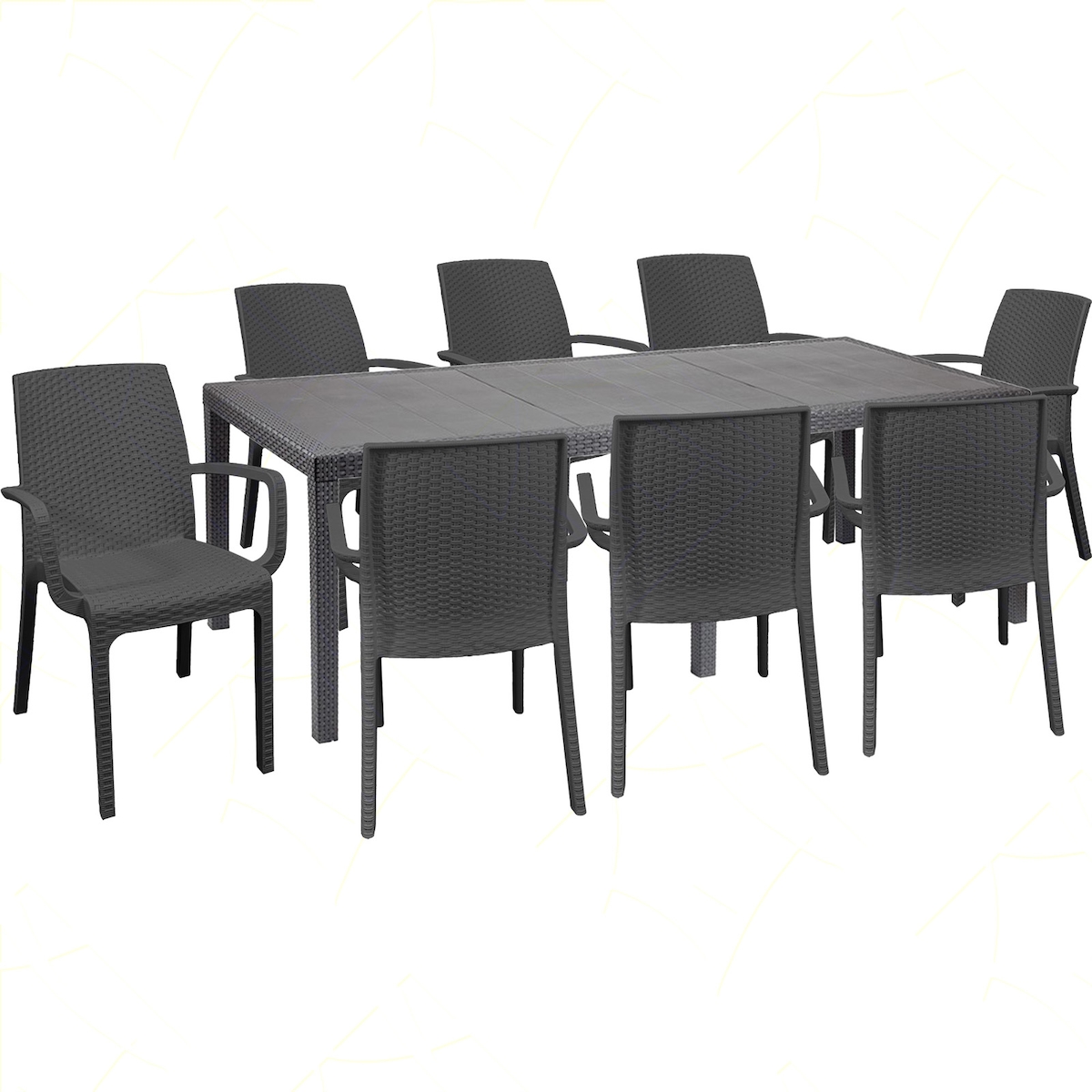 Set aus 8 Indiana-Sesseln mit rechteckigem Queen-Rattantisch (220 x 90 cm), Schwarz Image