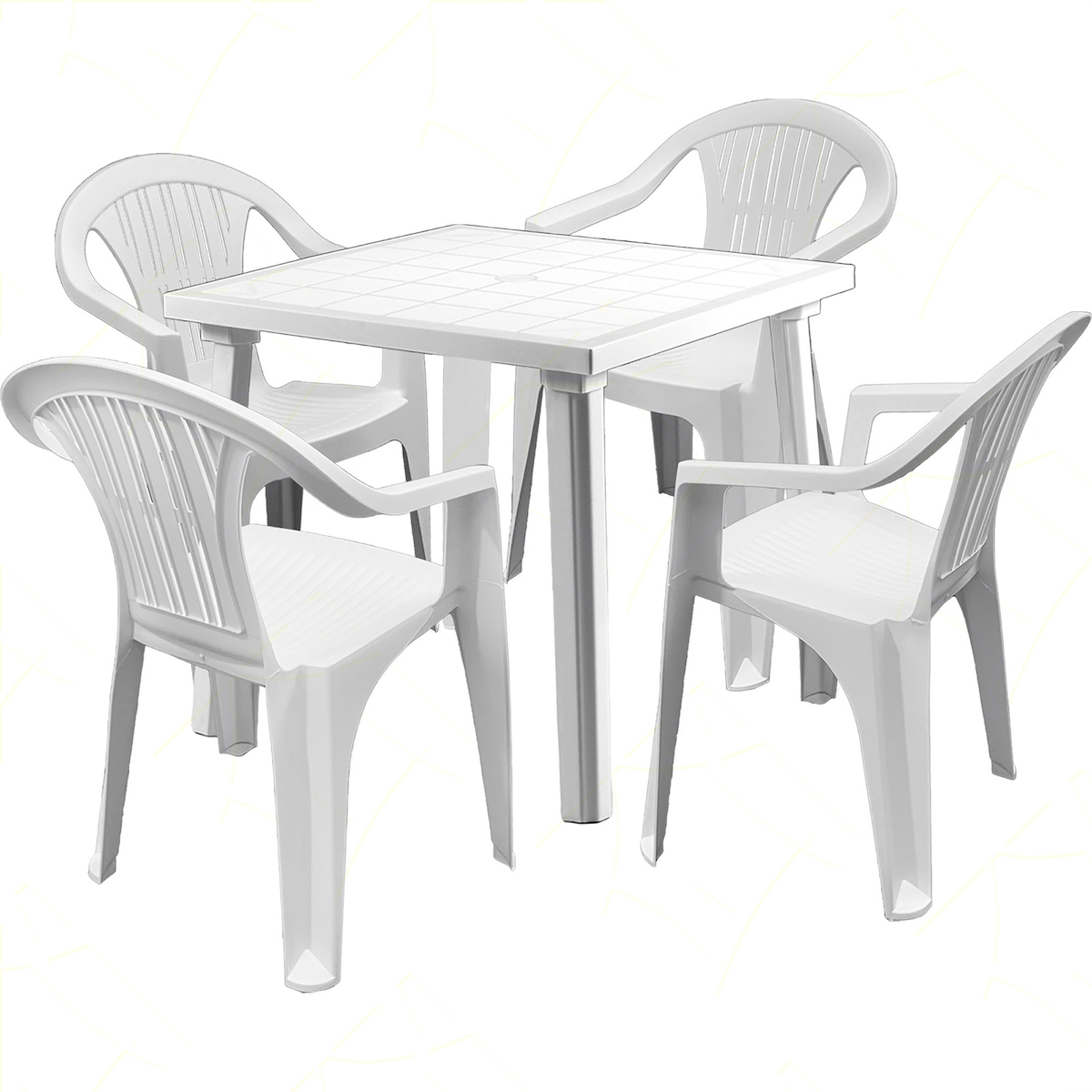 Sicignano 4er-Set Ratak-Sessel mit 80x80cm quadratischem Beistelltisch aus weißem Polypropylen Image
