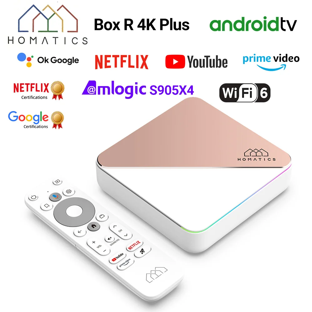 HOMATICS Box R 4K Plus TV Box AndroidTV 14 Netflix Google zertifizierte Amlogic S905X4 4G32G unterstützt DTS Dolby Audio AV1 Wifi6 BT5.0 Image