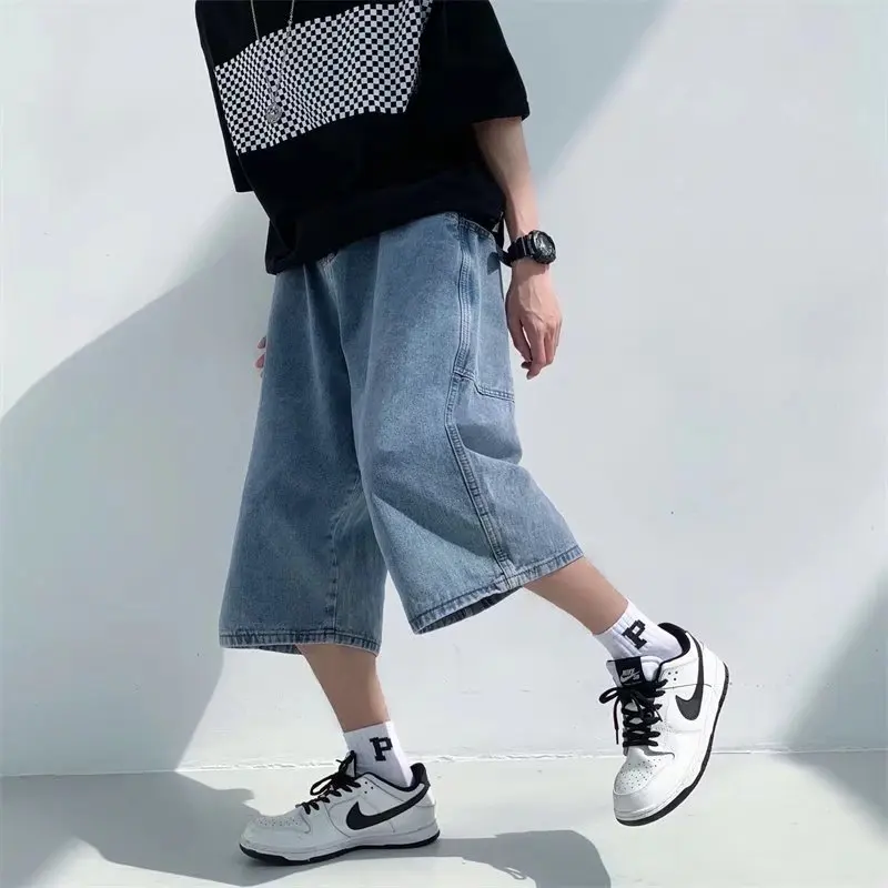 Jeans Hosen Männer Sommer Kurze Jeans Große Taschen Reithose Hip Hop Streetwear Baggy Denim Shorts Casual Breite Bein Capris Hosen Image