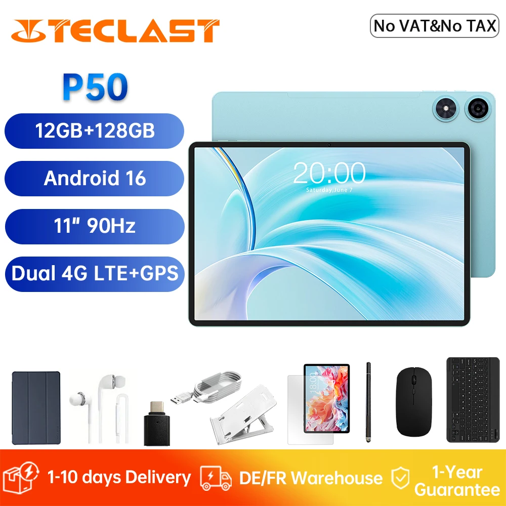Teclast P50 Tablet 11 Zoll Android 16 90Hz Display T606 8-Kern 12GB RAM (4GB+8GB) 128GB ROM 4G LTE GPS WiFi BT5.0 7000mAh Type-C Image