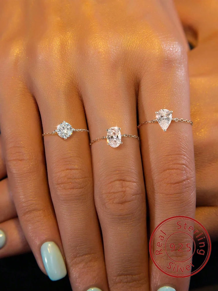 Verstellbarer Ring aus 925er-Sterlingsilber, rund, oval, Wassertropfenform, Zirkon-Kette, für Damen, Jahrestag, hochwertiger edler Schmuck Image