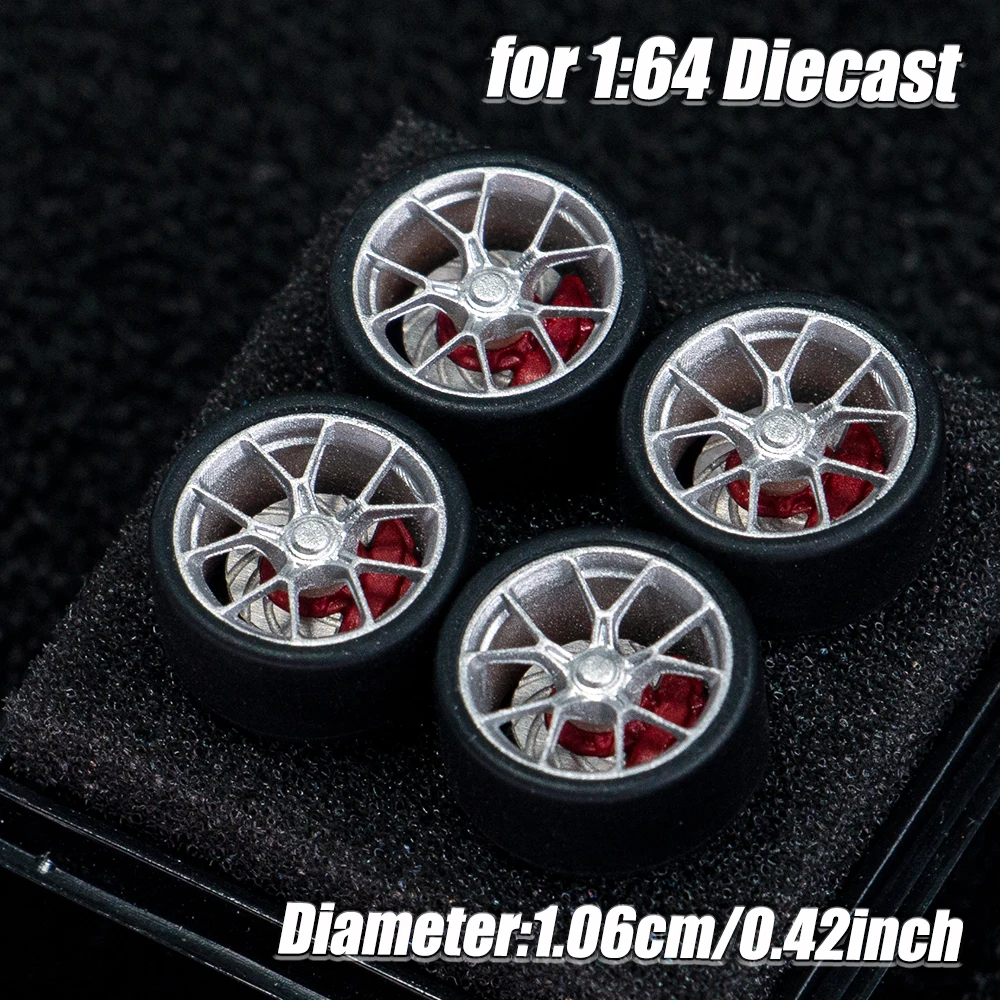 Modellauto-Räder im Maßstab 1:64, 4 Stück, 1 Satz 3D-gedruckte Harzfelgen mit Gummireifen für Hot Wheels MINI GT Tomica JDM-Auto-Upgrade Image