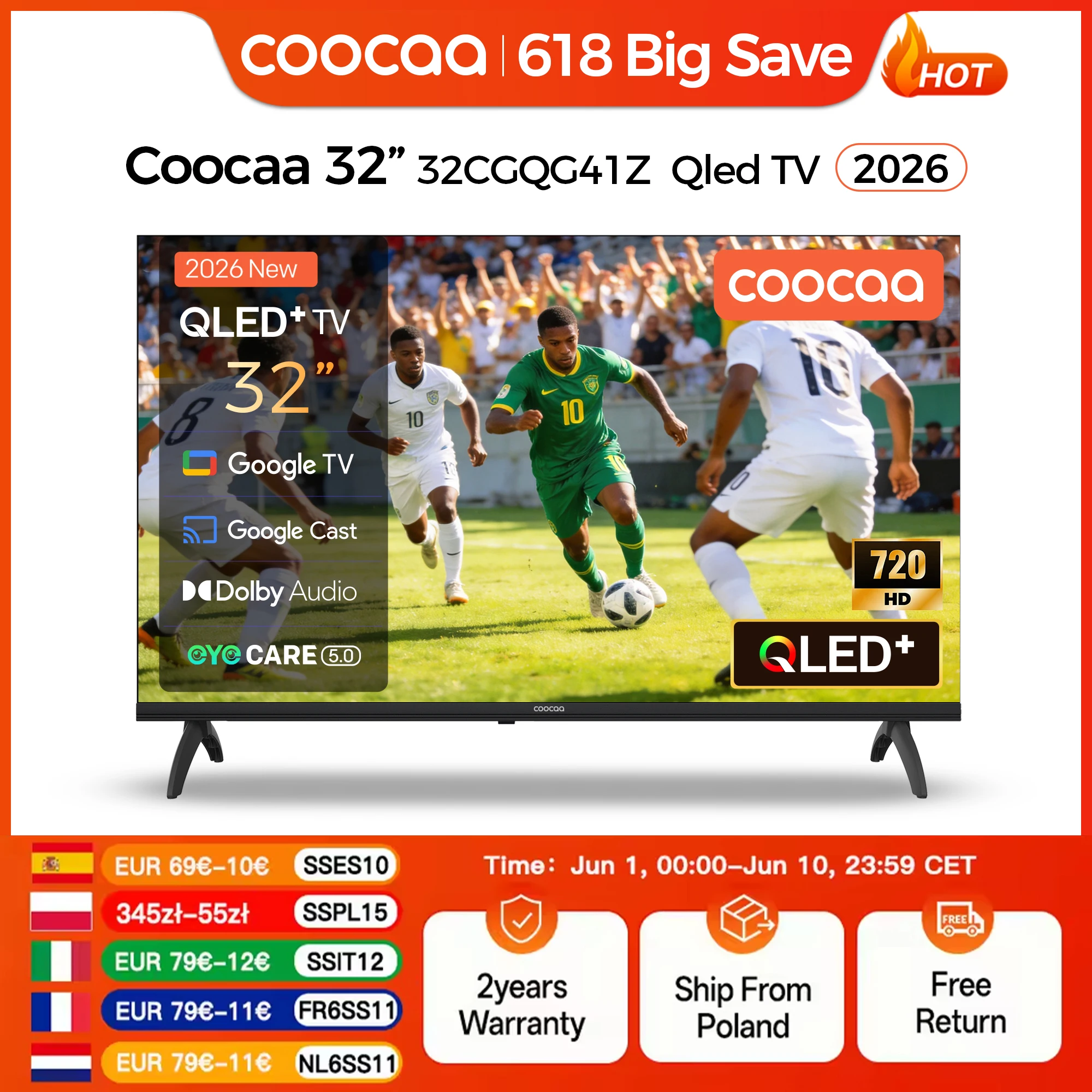 Coocaa 32-Zoll QLED-Fernseher, Smart TV (Neuheit 2026), integriertes Google Cast, Dolby Audio, HDR10 und HLG, QYOCARE 5.0 – reduziertes blaues Licht, flimmerfrei, 2 HDMI und 2 USB. Image