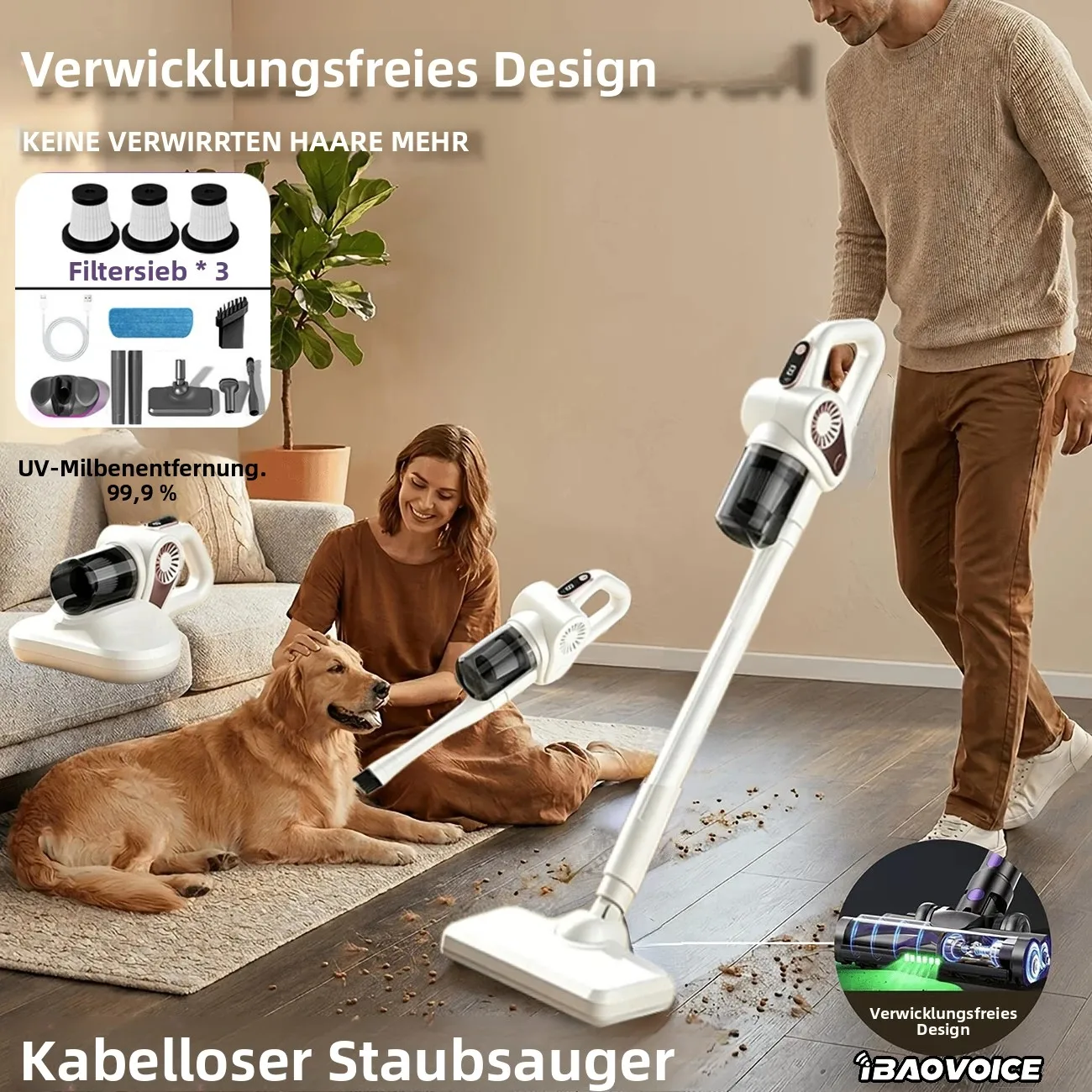 Kabelloser Staubsauger, verbesserter 4-in-1 Hand- und Stielstaubsauger, ultraleichter Handstaubsauger, 46KPa starke Saugkraft, 40000RPM Hochgeschwindigkeitsmotor, großer Staubbehälter, mehrere Modi: Saugen/Wischen/Kehren, geeignet für Zuhause und... Image