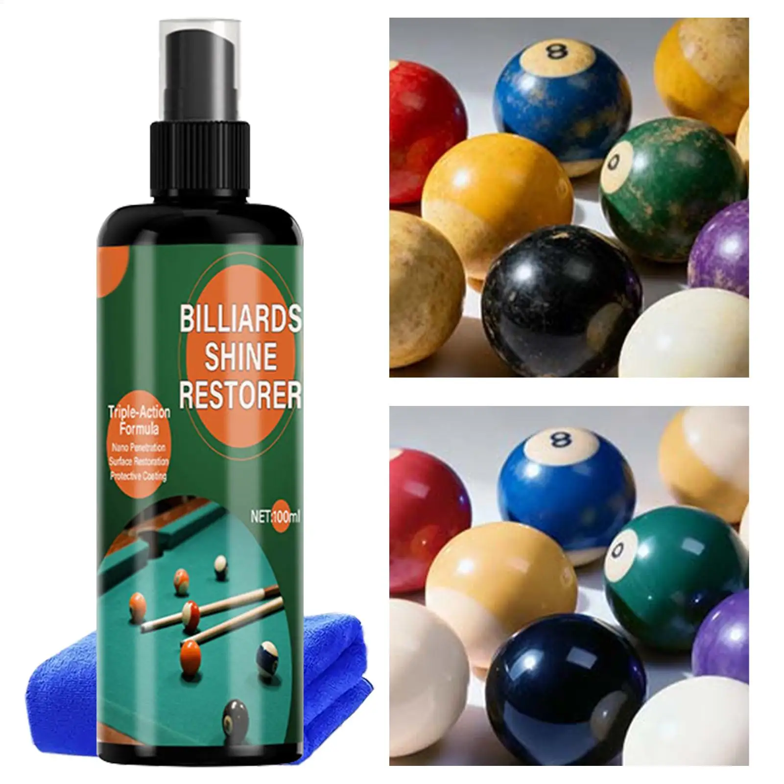 Professionelles Billardball-Reinigungsset, 100 ml, Kratzer-Erneuerungsspray und Mikrofaser-Handtuch für Reinigt, Polier, Heim- und Clubgebrauch Image
