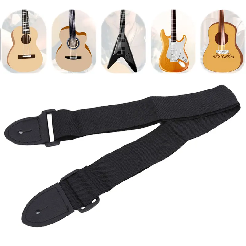Gitarrengurt Lederkopf Verstellbarer Schultergurt für klassische Gitarre E-Bass Ukulele Zubehör Schwarzer Gitarrengurt Image