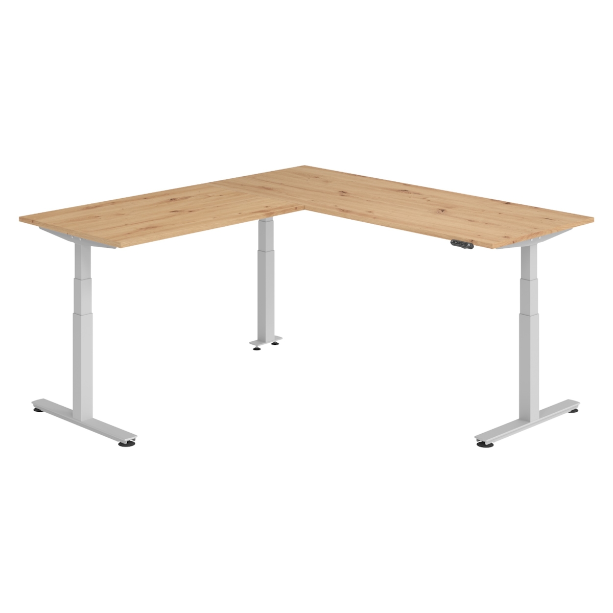 bümö Eckschreibtisch elektrisch höhenverstellbar L-Form: 200 x 220 cm in Asteiche, Gestell silber - Stehschreibtisch mit Memory-Steuerung, Image