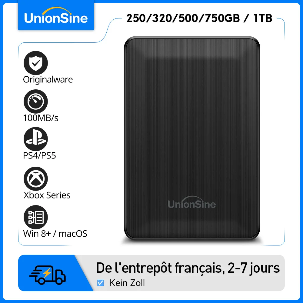 UnionSine Disque Dur Externe 250GB–2TB HDD Portable USB 3.0 – Compatible PS4/PS5/Xbox/PC/Mac – Pour Enregistrement TV & Sauvegarde – Stockage abordable