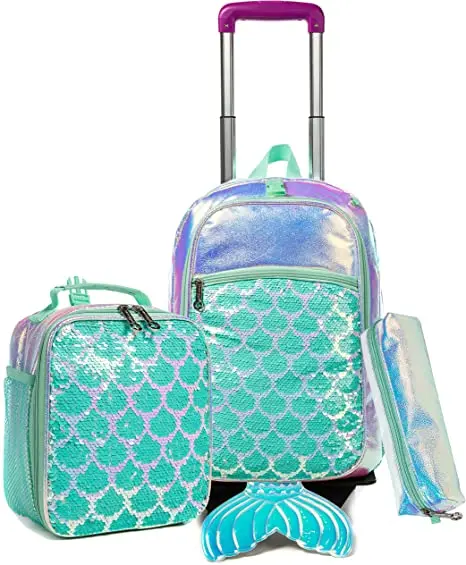 Ensemble de sac à dos d'école à roulettes pour filles 3 pièces/ensemble sac de chariot d'école avec sac à déjeuner ensemble sac à dos roulant d'école à paillettes pour fille
