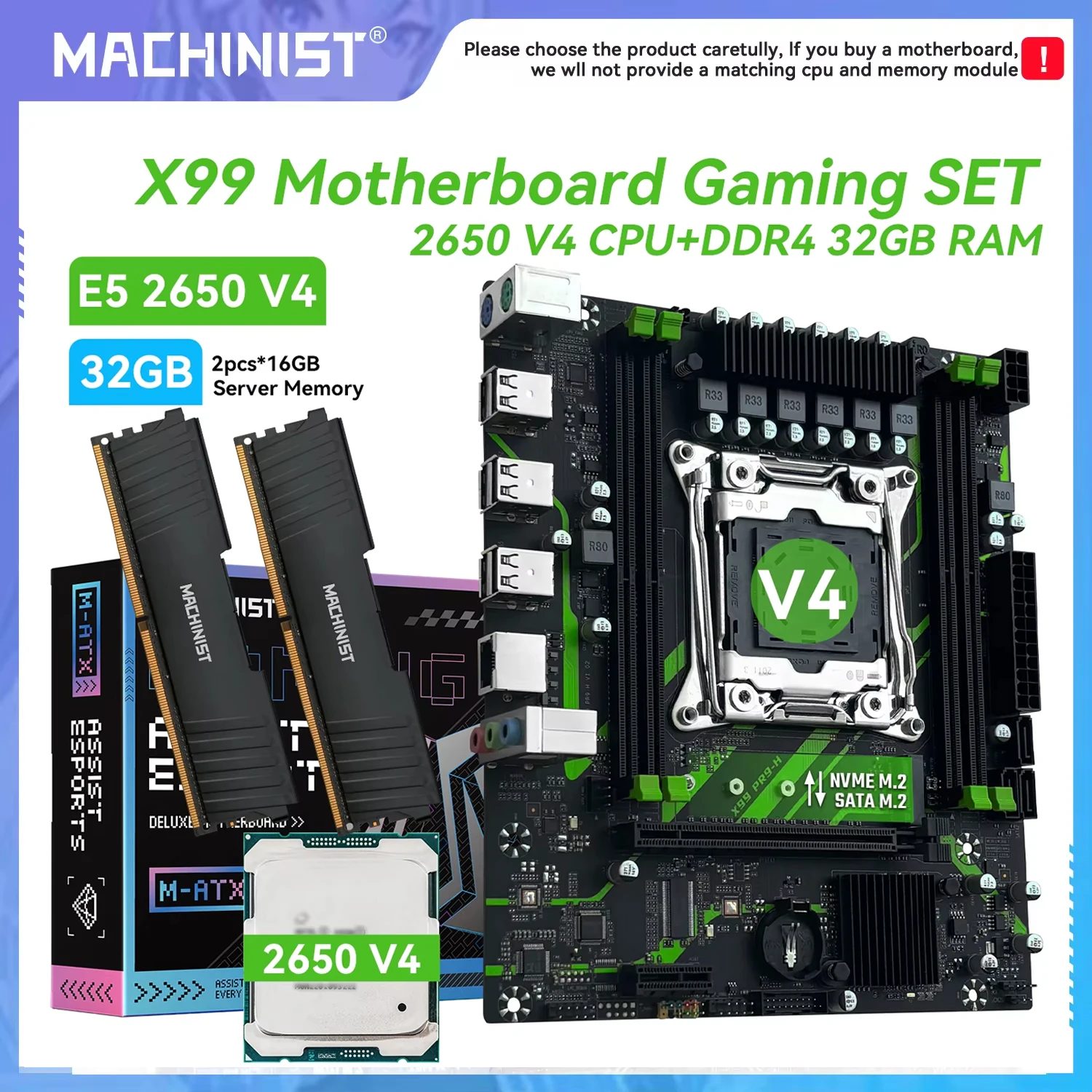 Carte mère de jeu MACHINIST X99 PR9-H, kit optionnel, Intel Xeon E5 2650 V4, DDR4 32 Go 2133 MHz RAM, M.2 NVME pour PC de bureau M-ATX