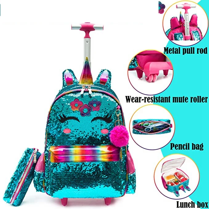 Ensemble de 3 sacs à dos à roulettes pour l'école, sacs à roulettes avec roulettes pour filles et enfants, sac à roulettes pour l'école