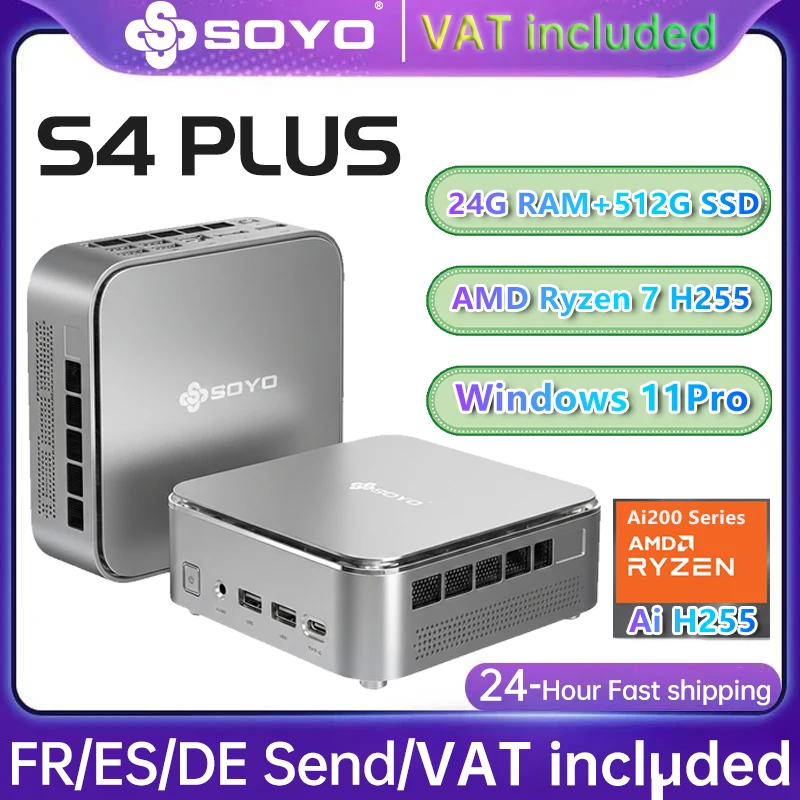 Mini PC SOYO S4 PLUS Ryzen 7 H255 DDR5 24 Go SSD 512 Go PCIe3.0 Nvme SSD WIFI6 BT5.2 8K HD Mini PC DIY Ordinateur de jeu