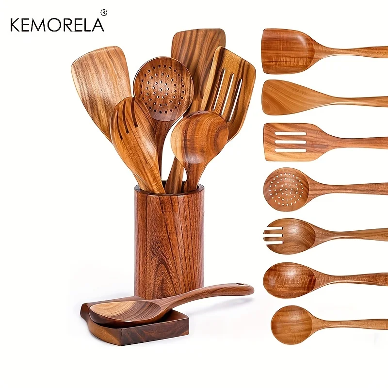 Cuillères en bois pour la cuisine, ustensiles en bois pour la cuisine avec porte-ustensiles, ensemble d'ustensiles de cuisine en bois de teck 9 pièces