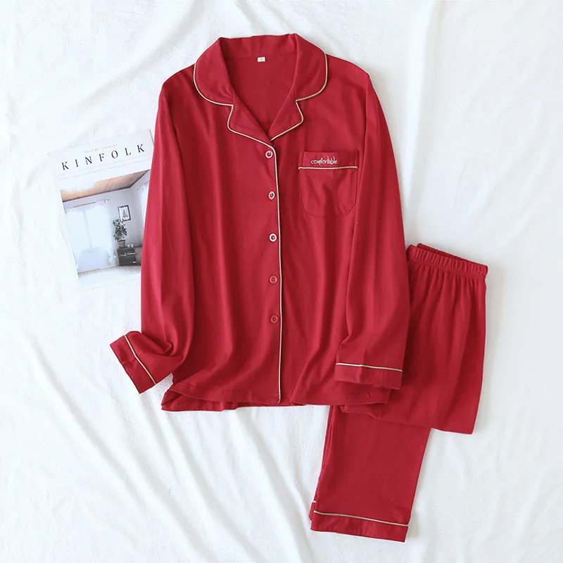 Pyjama tricoté pour couple, pantalon à manches longues, deux pièces, 100% coton, rouge, costume de service à domicile pour hommes et femmes, nouvelle collection printemps et automne