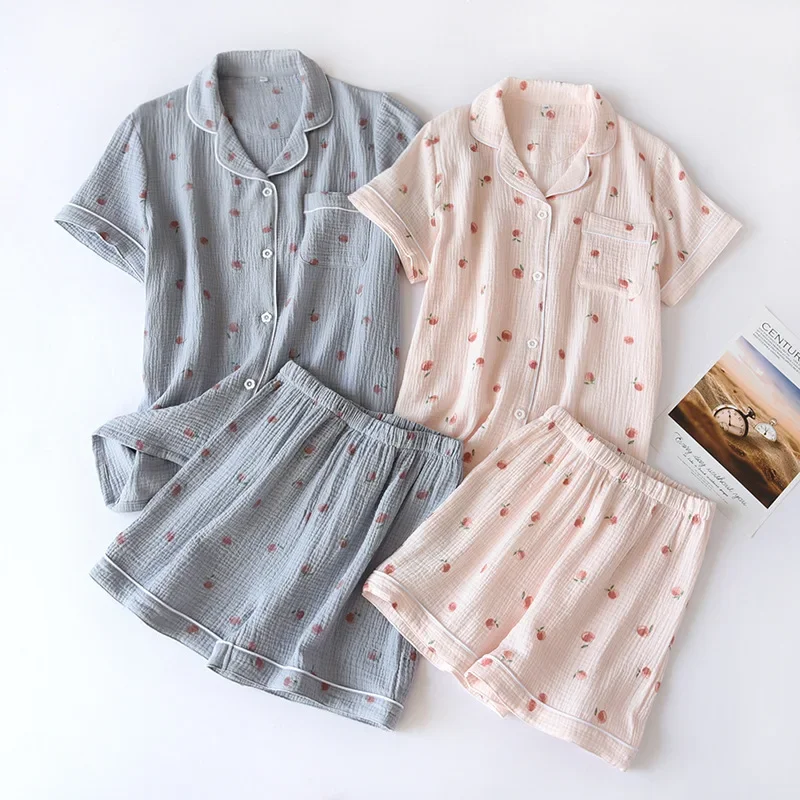 Ensemble pyjama et Short à manches courtes pour femmes, tissu crêpe 100% coton, fin, Service à domicile, deux pièces, ample, printemps et automne, été 2026