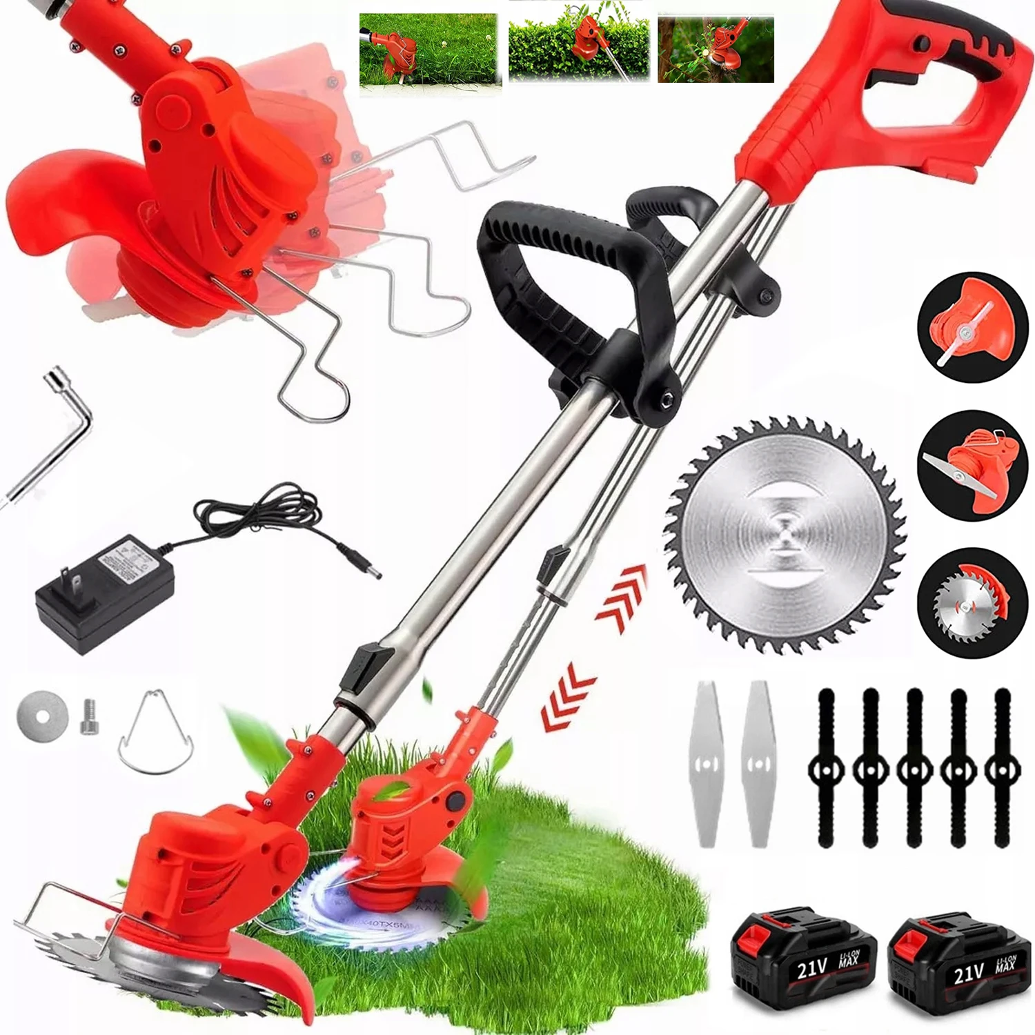 Tondeuse à gazon électrique sans fil, coupe-herbe réglable, outil de jardinage avec batteries, tondeuse à main, longueur réglable, 650 W + 3 lames différentes