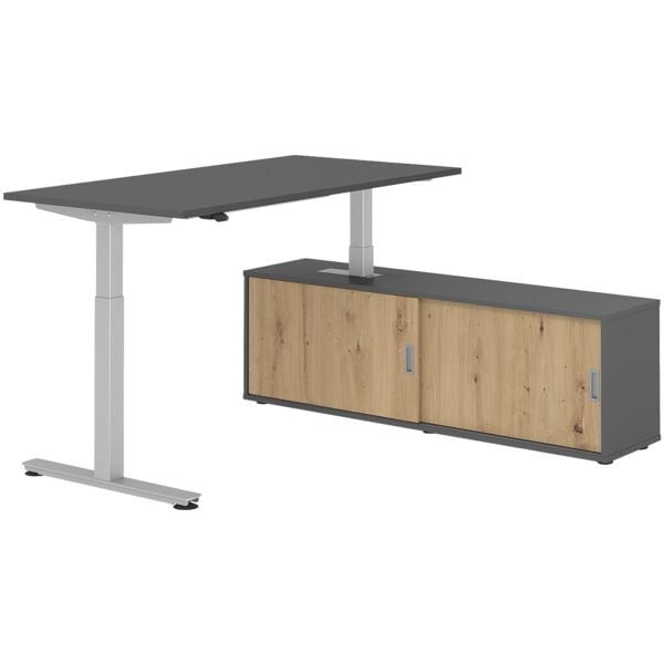 HAMMERBACHER Schreibtisch höhenverstellbar (elektisch) inkl. Sideboard »Alicante« 160 cm T-Fu grau, 160x120x80 cm
