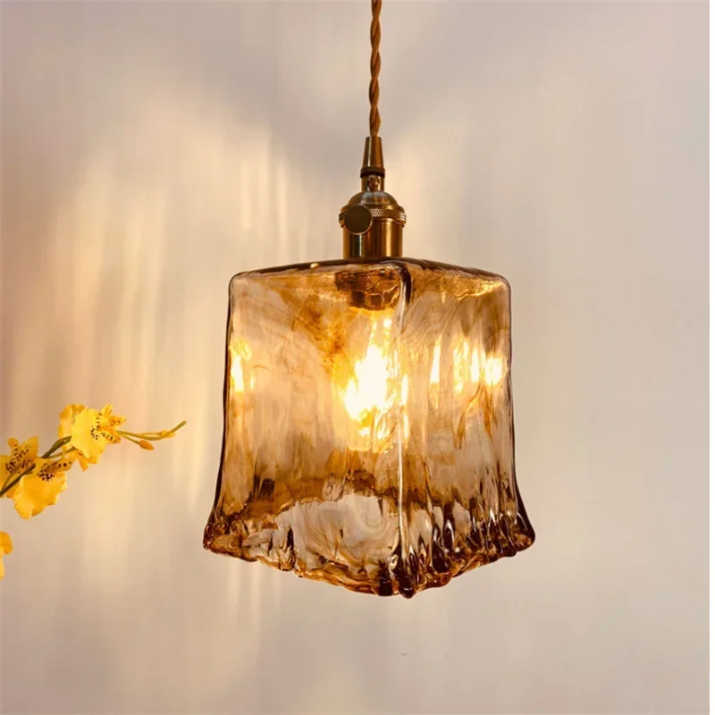 Vintage-Pendelleuchte aus bernsteinfarbenem Glas im Wabi-Sabi-Stil, Schlafzimmer, Gästehaus, Nachttischlampe, chinesisches Zen, Arbeitszimmer, Eingangsbereich, antiker Kronleuchter