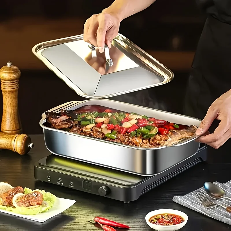1-teiliges Set aus verdicktem Edelstahl-Grillteller mit Deckel, Grillplatte, runde Grillpfanne, geeignet für Grill und Fischgrill Image