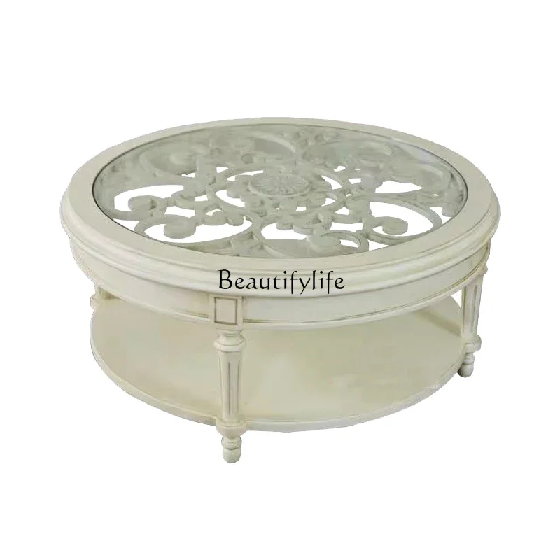 LS 35American lumière luxe en bois massif sculpté table basse ronde petit appartement art table à thé table en verre