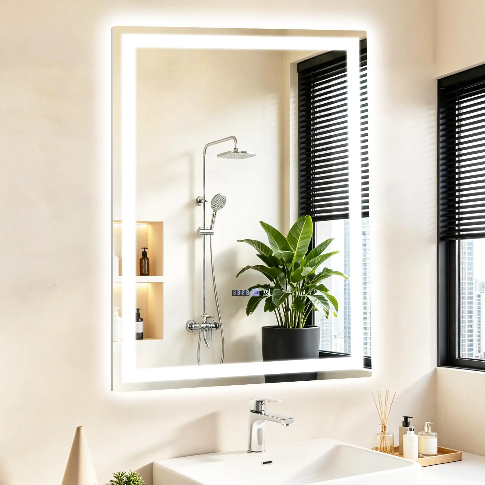 Badezimmerspiegel mit Beleuchtung, LED-Badezimmerspiegel, Wandspiegel mit Licht, IP44, 60 x 80 cm, Badezimmerspiegel mit Beleuchtung, Touch-Schalter und Antibeschlag-Funktion, dimmbar, 3000 K