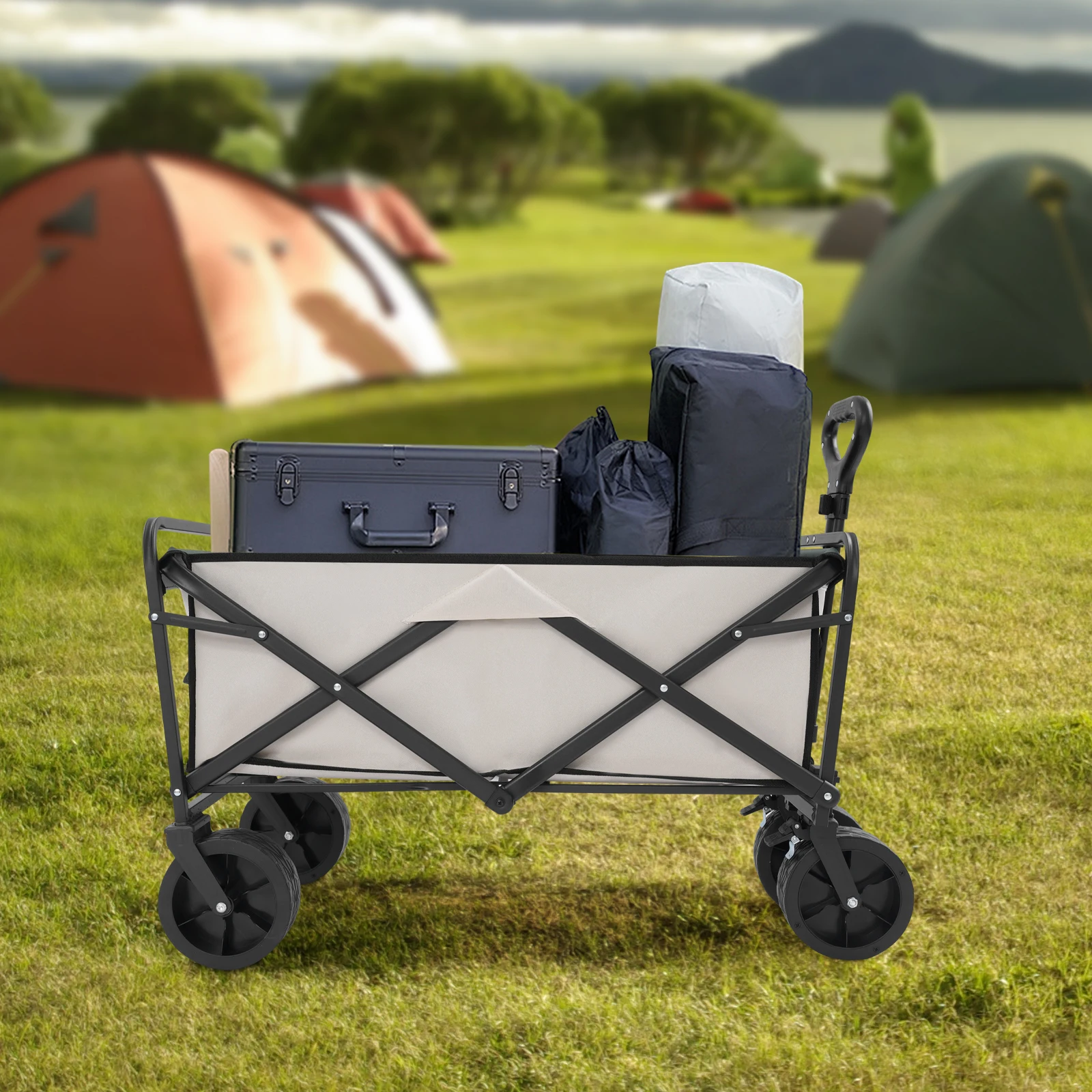 Klappbarer Kinderwagen Handwagen aus Hochkarbon-Stahl 800D Polyester 253,53 LBS Tragkraft 74-98cm Verstellbarer Griff 90° ° Drehbare 4-Rad-Antirutsch-Bremsen Universalrad Doppelte