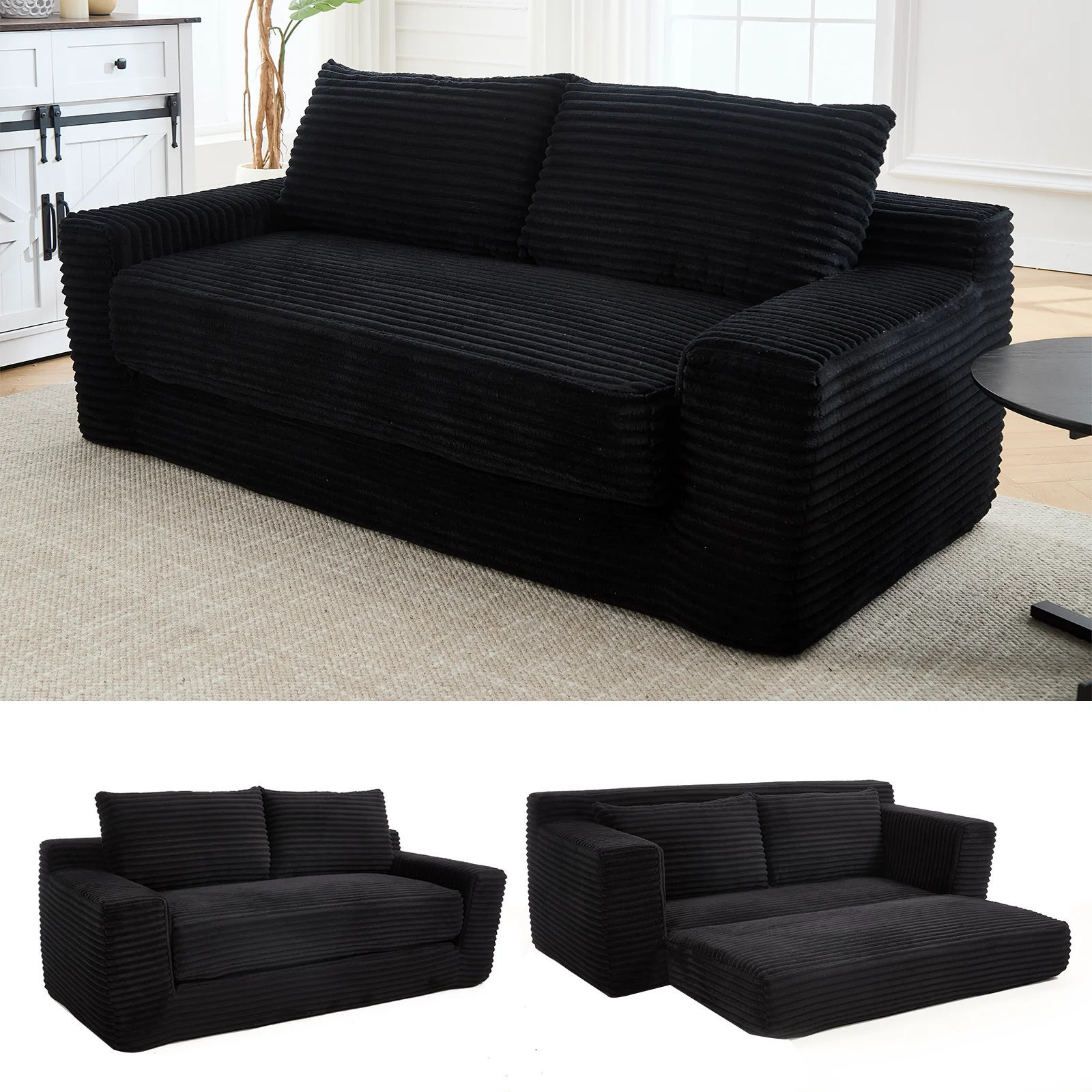 2-in-1 Schlafsofa & Zweisitzer-Sofa Mit Memory-Schaum, Kompaktes Cord-Sofa Für Wohnzimmer, Schlafzimmer, Homeoffice Oder Kleine Wohnungen, Sofort Einsatzbereit, Schwarz