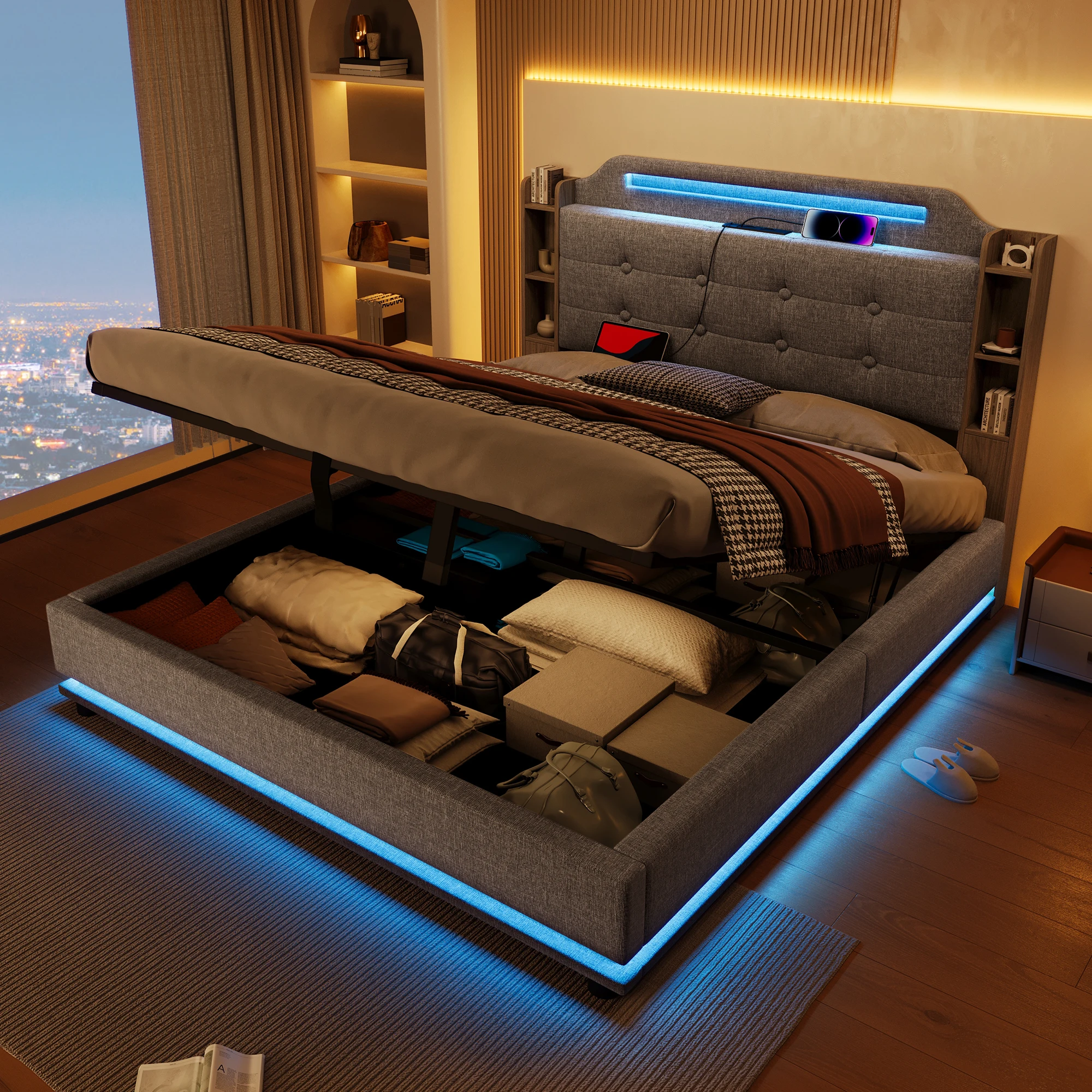 Polsterbett 2 Personen mit LED, USB, Typ C und Regalen, 140×200 cm, ohne Matratze, Leinen Grau Image