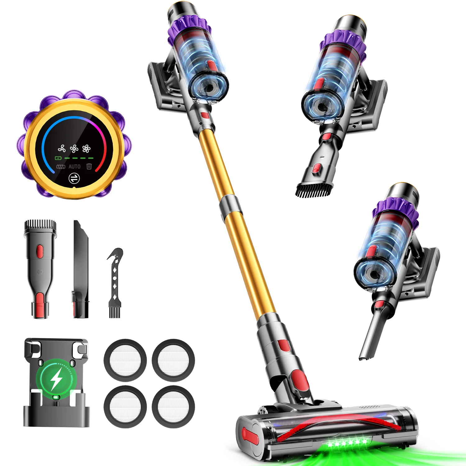 Portreen Akku Staubsauger, Staubsauger Kabellos 70000Pa, 70Min/2L beutellos mit Display, Anti-Tangle-Bürste, Wandladestation, 8-Schicht-Filtration, Ultraleise, für Tierhaare/Teppiche/Hartböden/Auto Image