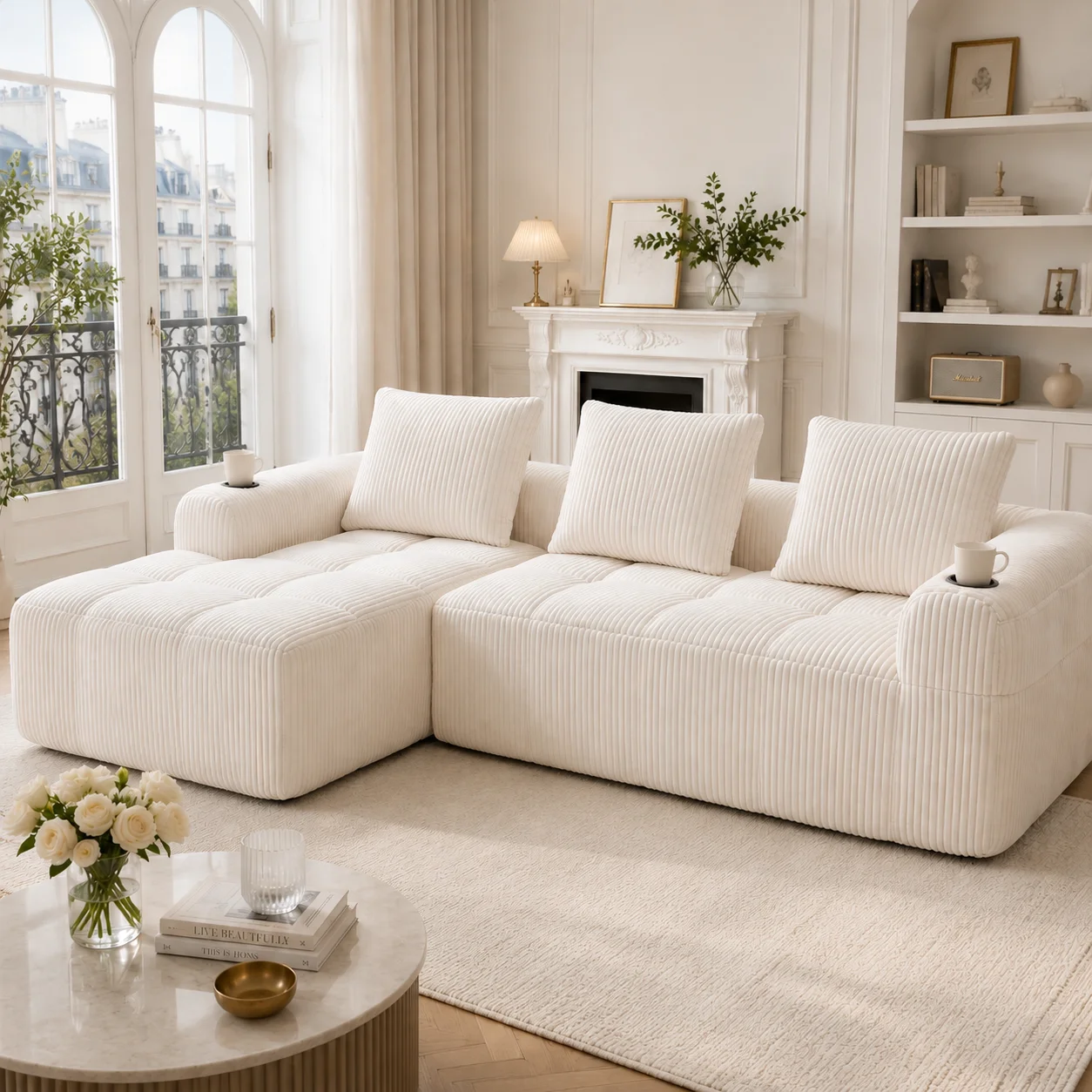 LVHOM Modernes Modulares L-förmiges Cord-Sofa mit Seitentaschen, Getränkehaltern & 3 Kissen (Ohne Montage) Image