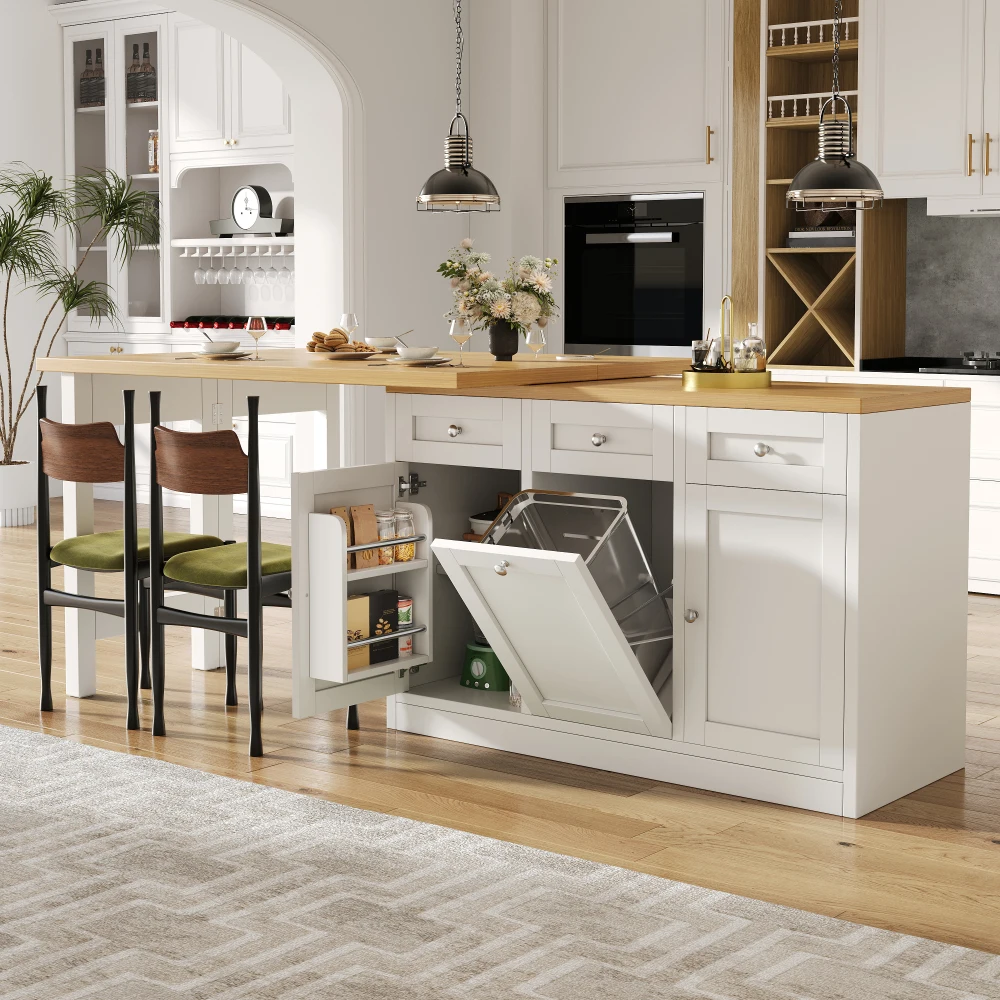 Ausziehbarer Bartisch mit Stauraum, klappbarer Esstisch mit Schublade & Snack-Tablett, herausziehbarer Mülleimer (Eimer nicht enthalten), platzsparendes multifunktionales Küchenmöbel, Kücheninseln für