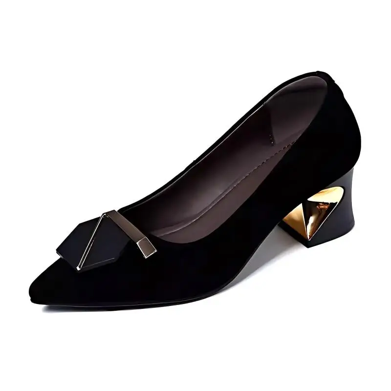 Luxuriöse Damen-Schuhe mit Metallschnalle aus Wildleder, Spitze Zehenpartie, klobiger mittelhoher Absatz, elegante Büro- und Festtags-Designerschuhe, Hochzeits- und Party-Absätze 2026