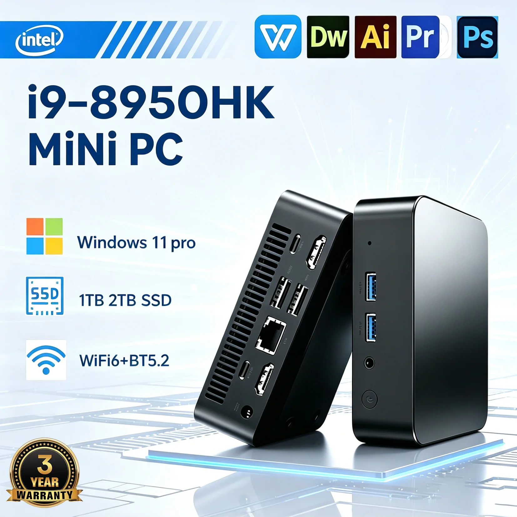 Nouvel Ordinateur Mini PC 2026 Intel Core i9-8950HK i3-6100U Windows 11 16 Go RAM 1 To 2 To SSD Wi-Fi 6 BT 5.2 4K HD Mini PC de Bureau et Gaming