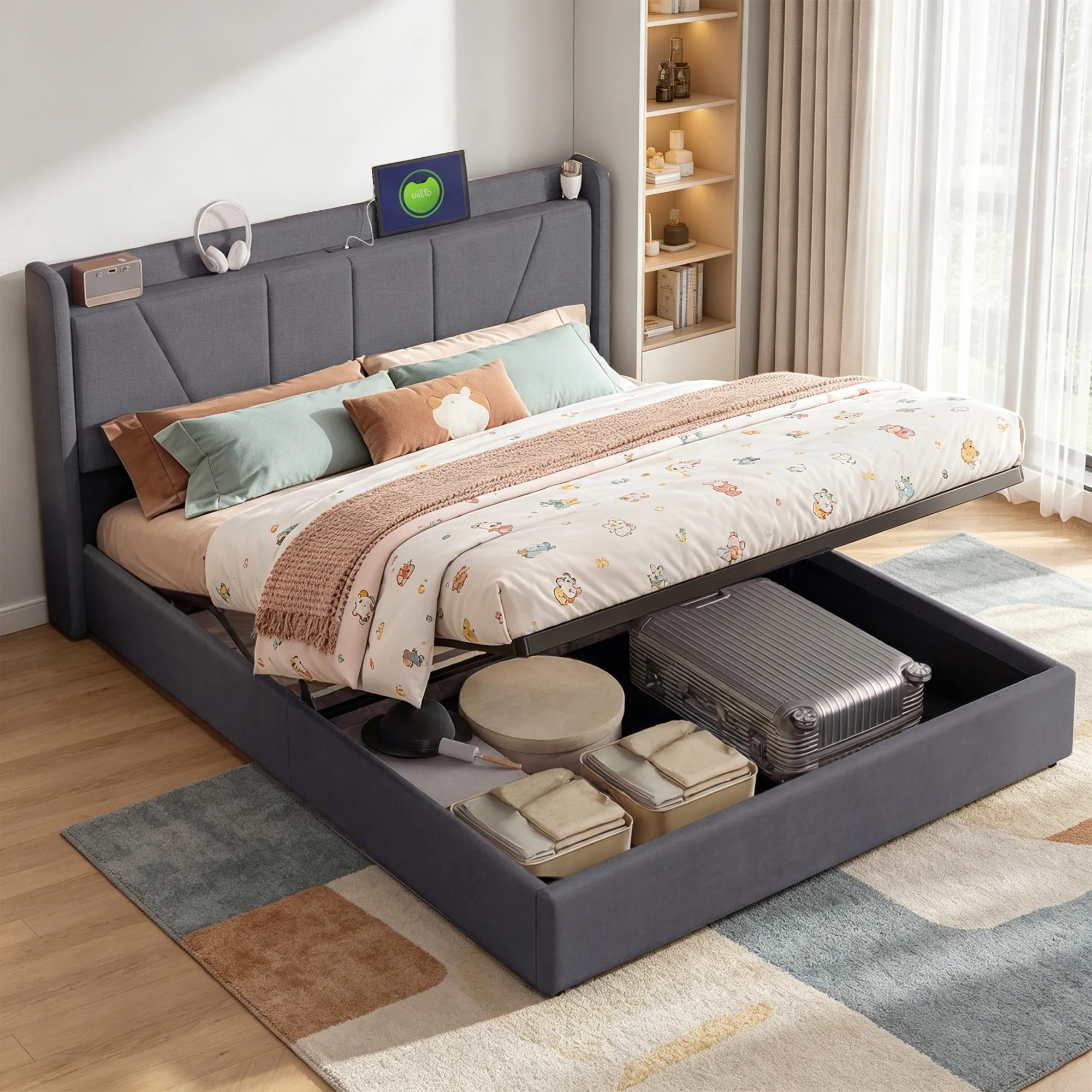 Superaly 140/160x200cm Polsterbett mit Stauraum, gepolstertes Bett mit USB und Kopfteil, Doppelbett, Bettgestell mit Lattenrost, hydraulisches Stauraumbett für Schlafzimmer, Leinen, Grau Image