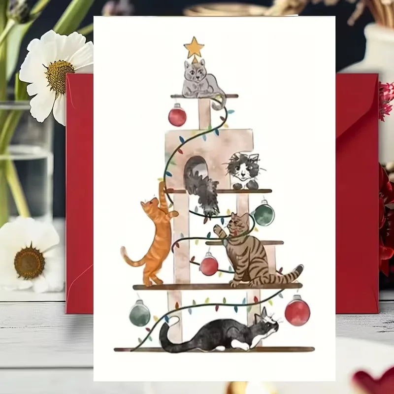 Niedliche Katzen-Weihnachtskarte, Aquarell-Katzenbaum mit Kätzchen, Weihnachtsbeleuchtung & Ornamente, Roter Umschlag Inbegriffen Image